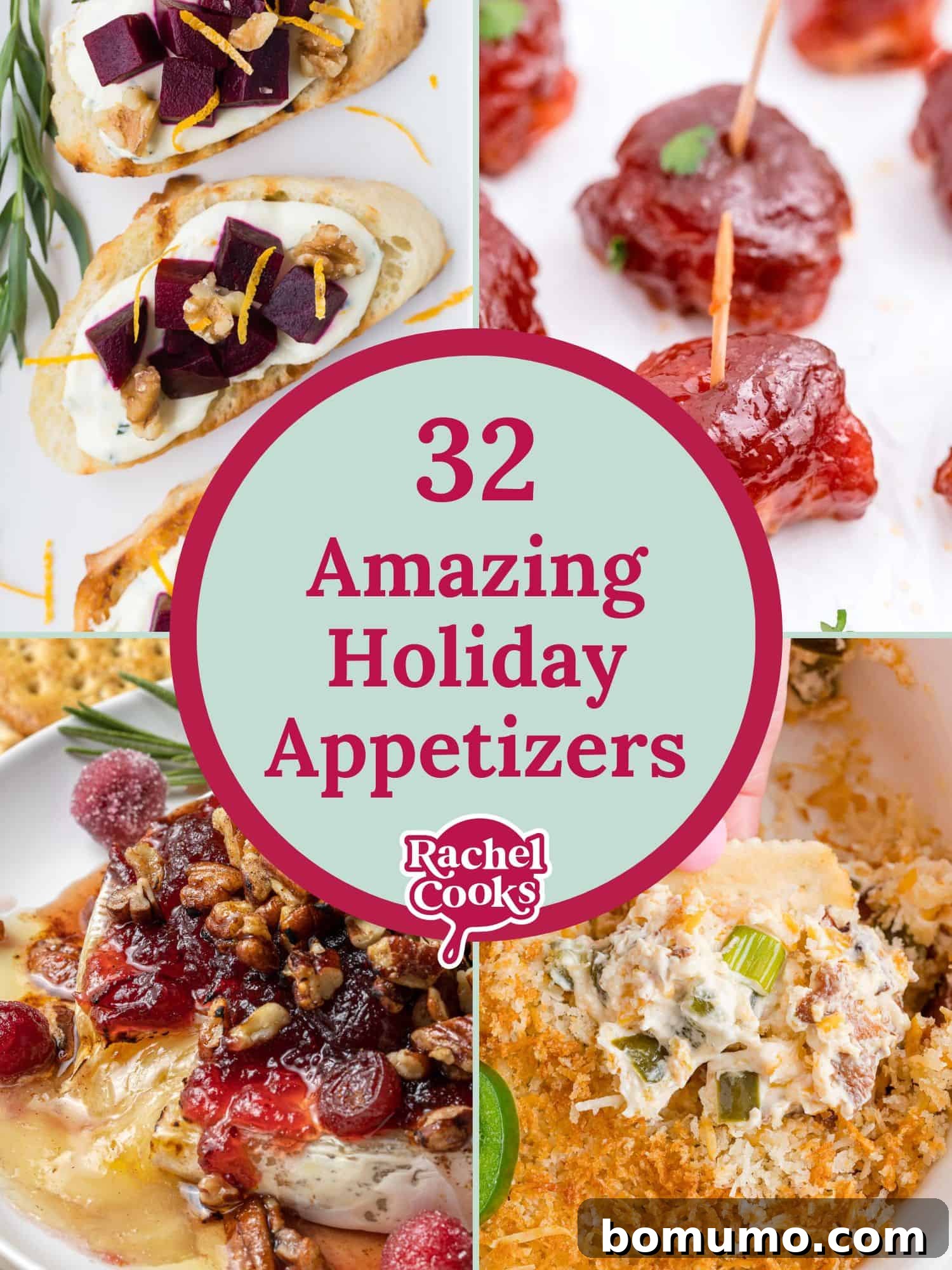 A festive holiday recipe round-up graphic featuring various appetizers like baked brie, spinach dip, and spiced pecans.