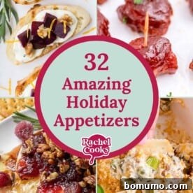 Festive holiday recipe graphic featuring various appetizers, including a colorful dip.
