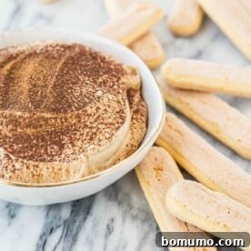 A creamy tiramisu dip, topped with cocoa powder, surrounded by ladyfingers for dipping.