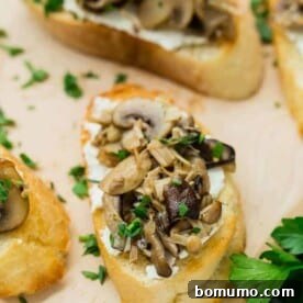 Image of wild mushroom crostini with goat cheese, garnished with fresh parsley and artfully arranged.