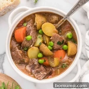Crockpot beef stew in a small white bowl.