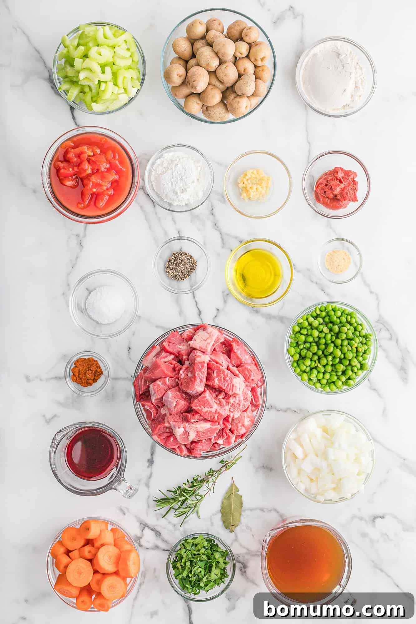 All the fresh ingredients laid out before cooking, ready for the crockpot beef stew recipe.