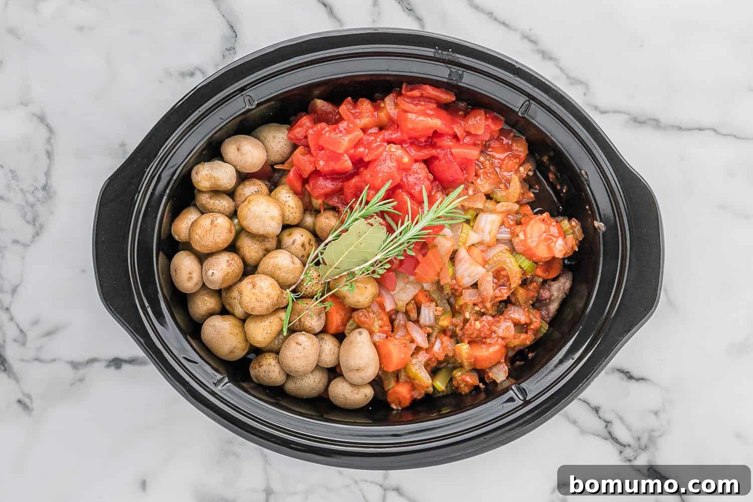 All the stew ingredients neatly combined in a crockpot, ready for cooking.