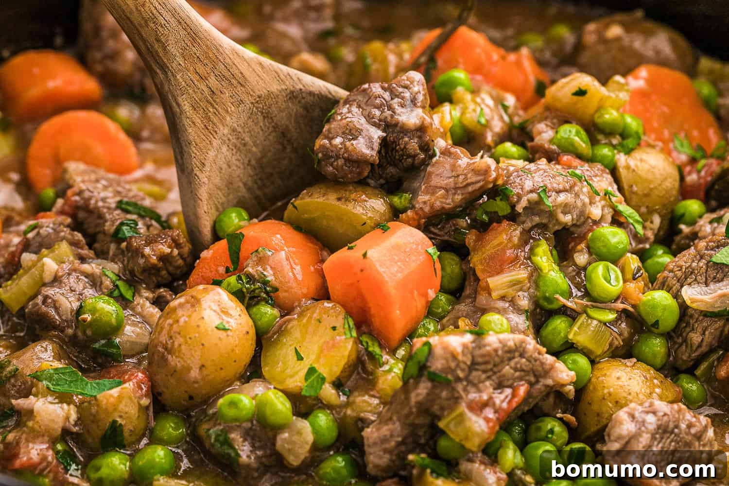 A serving of finished beef stew in a white bowl, with a wooden spoon, showcasing its rich texture.