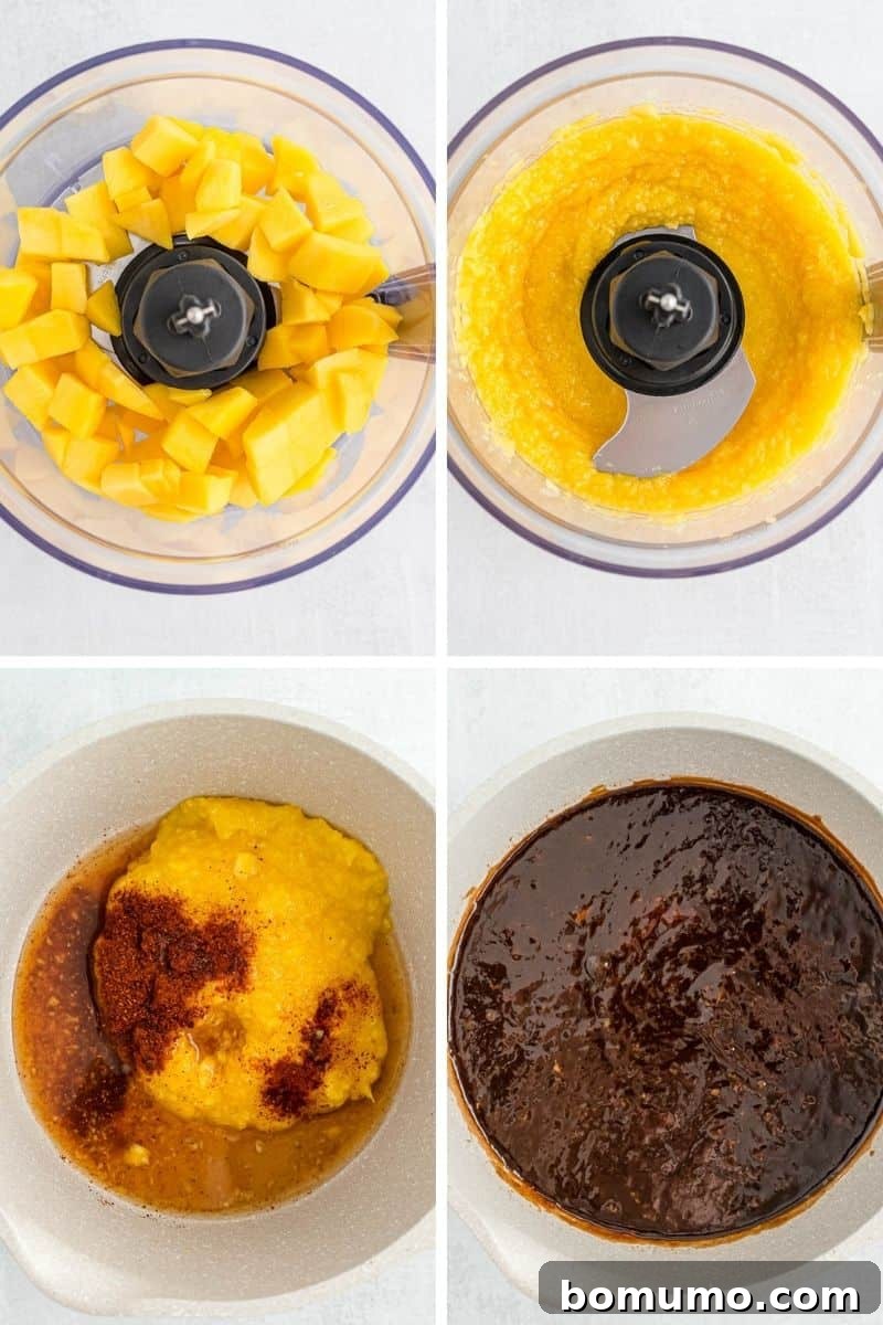 Four images showing how to make mango barbecue sauce.