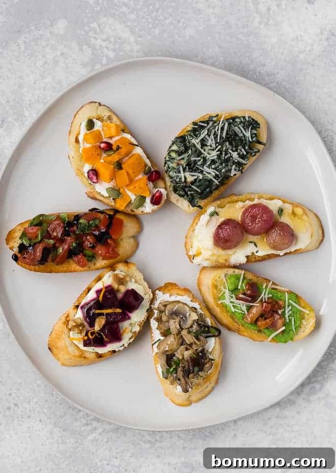 Crafting Perfect Crostini 2 A vibrant selection of seven different crostini types, artfully arranged in a circular pattern. This comprehensive guide will teach you how to make perfect crostini at home.