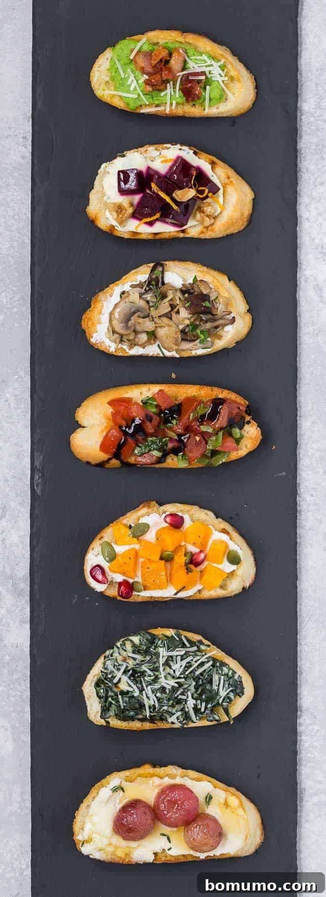 Crafting Perfect Crostini 6 An appetizing display of seven different crostini and bruschetta toppings, showcasing variety and creativity.