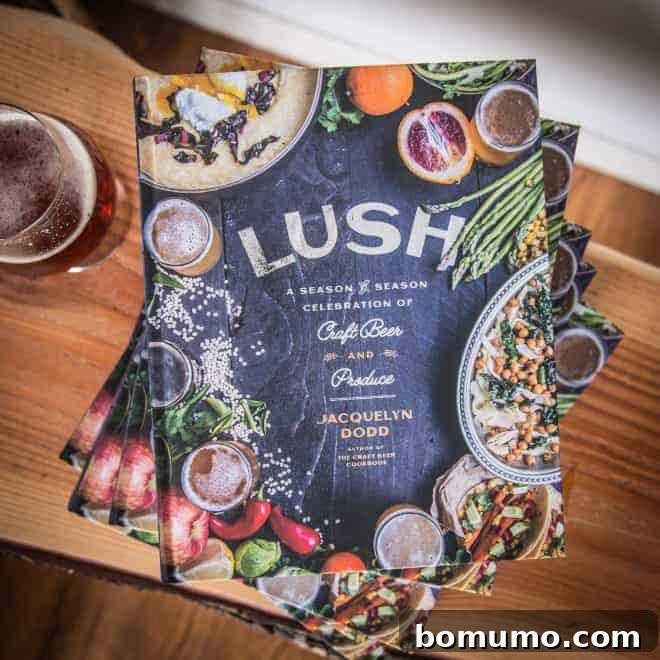 The striking cover image for 'LUSH: A Season by Season Celebration of Craft Beer and Produce' by Jacquelyn Dodd, showcasing her unique approach to cooking.