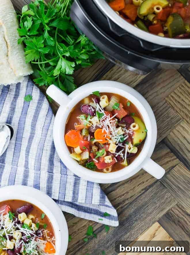 Image of vegetarian minestrone soup with carrots, zucchini, celery, kidney beans, pasta and more!