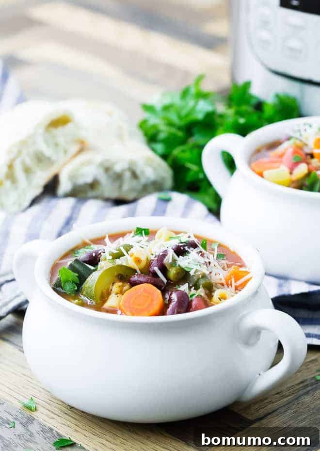 Image of minestrone soup in a white bowl.