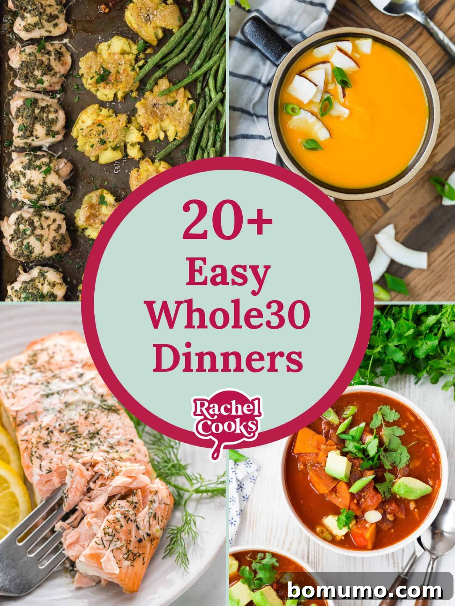 A vibrant collage showcasing various appetizing Whole30 compliant dishes, including sheet pan meals, soups, and protein-packed entrées. The accompanying text highlights '20+ easy whole30 dinners'.