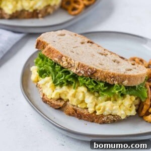 Egg salad sandwich with lettuce on whole grain bread, served on a plate with pretzels for a complete meal.