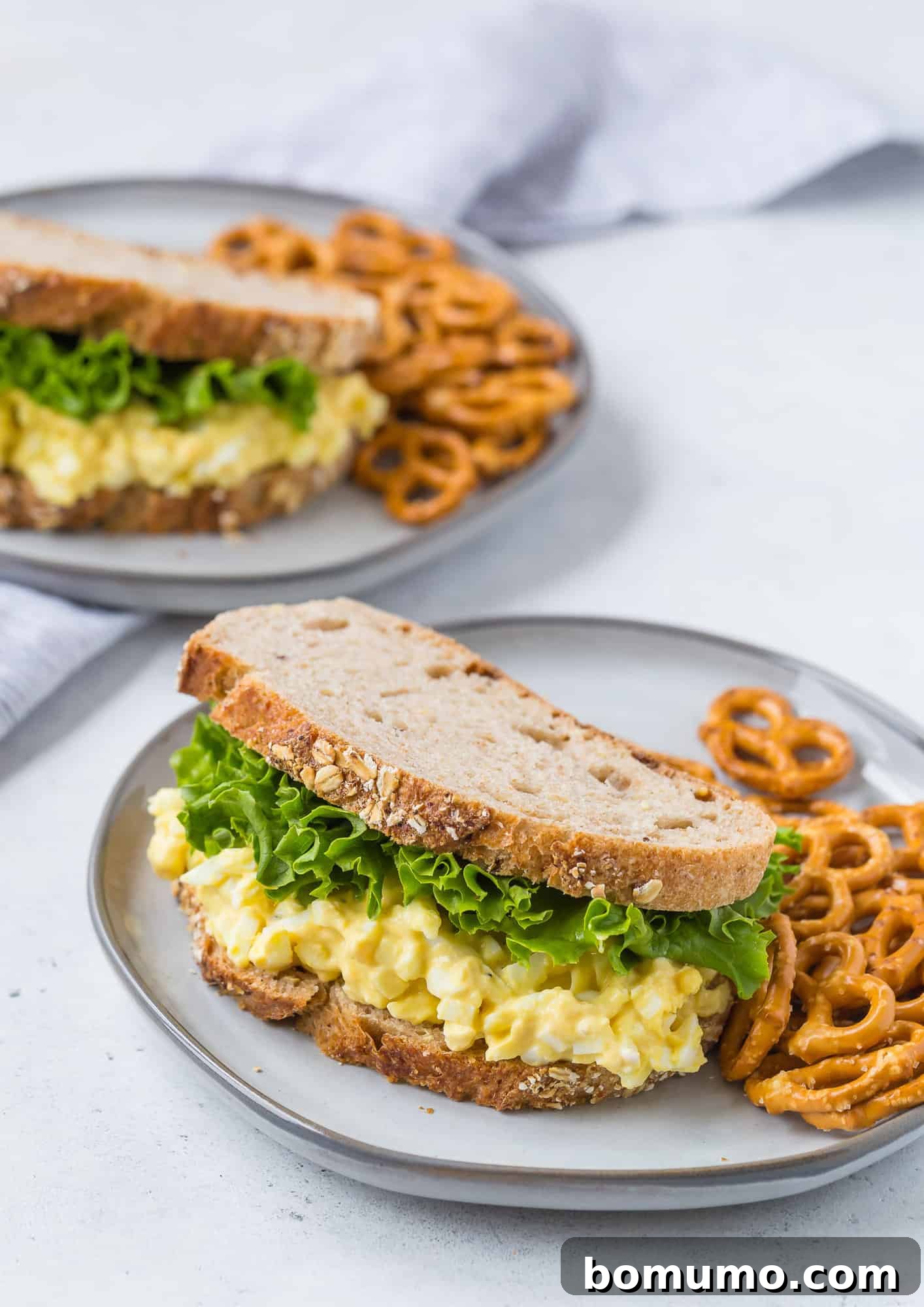 Healthy Egg Salad Makeover 7 Egg salad on wholesome whole grain bread with crisp leaf lettuce, served beautifully on a plate.