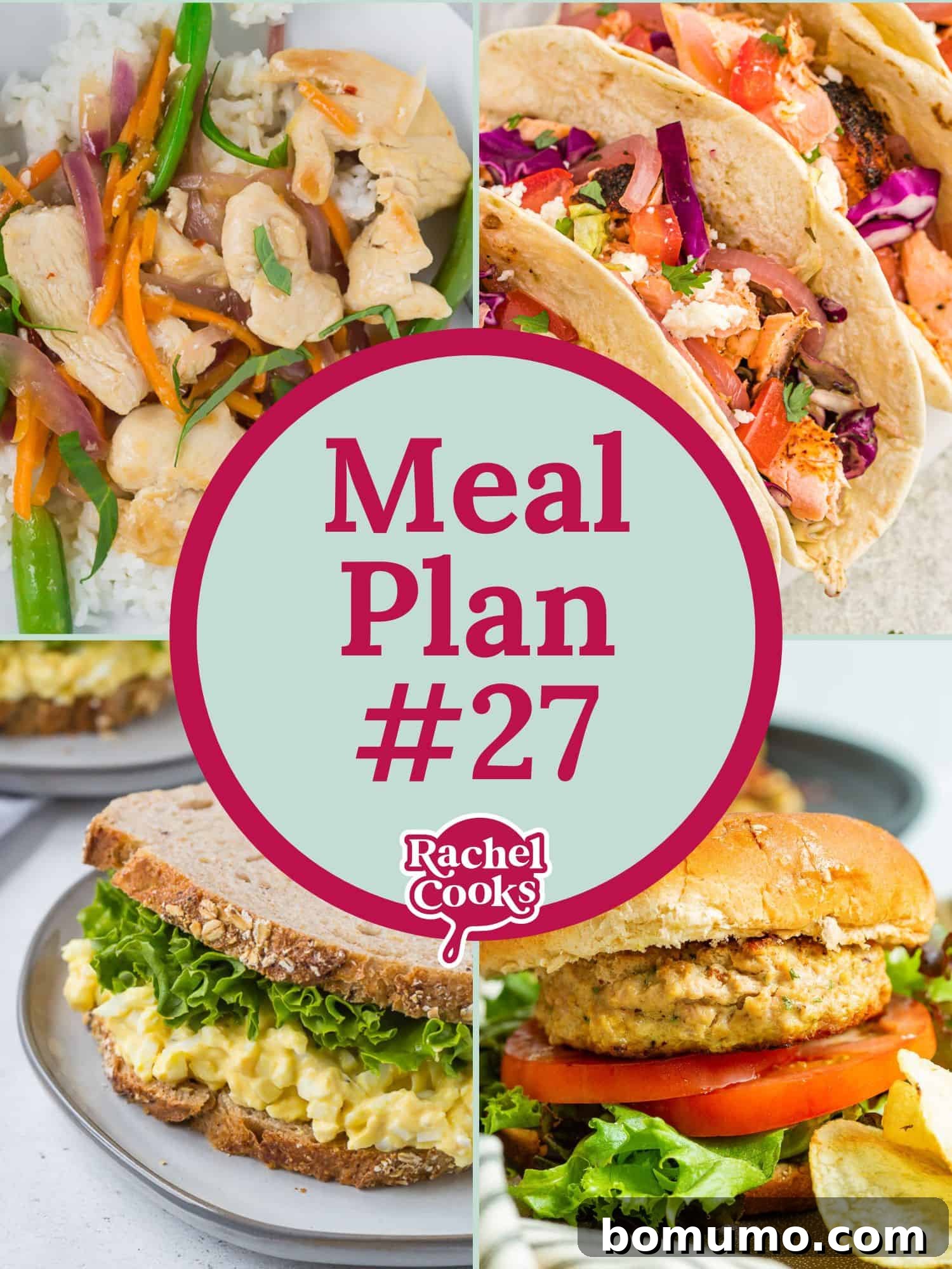 Meal plan 27 graphic with text and overlay, promoting organized weekly cooking.
