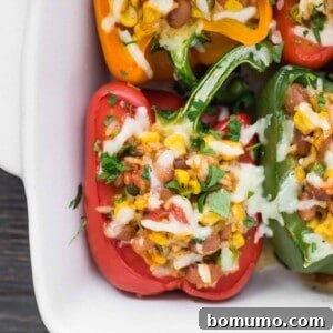 Vegetarian stuffed peppers in white baking dish.
