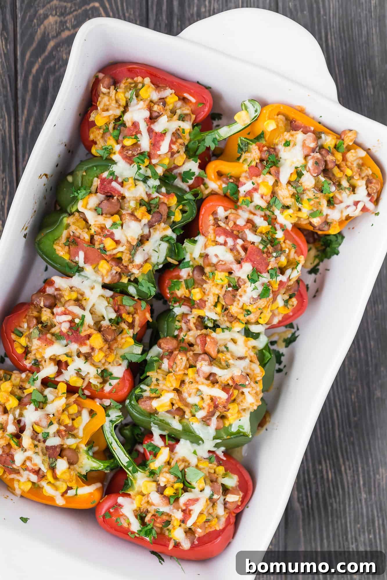 Beautifully baked vegetarian stuffed peppers nestled in a baking dish, showcasing their rich filling and vibrant colors.