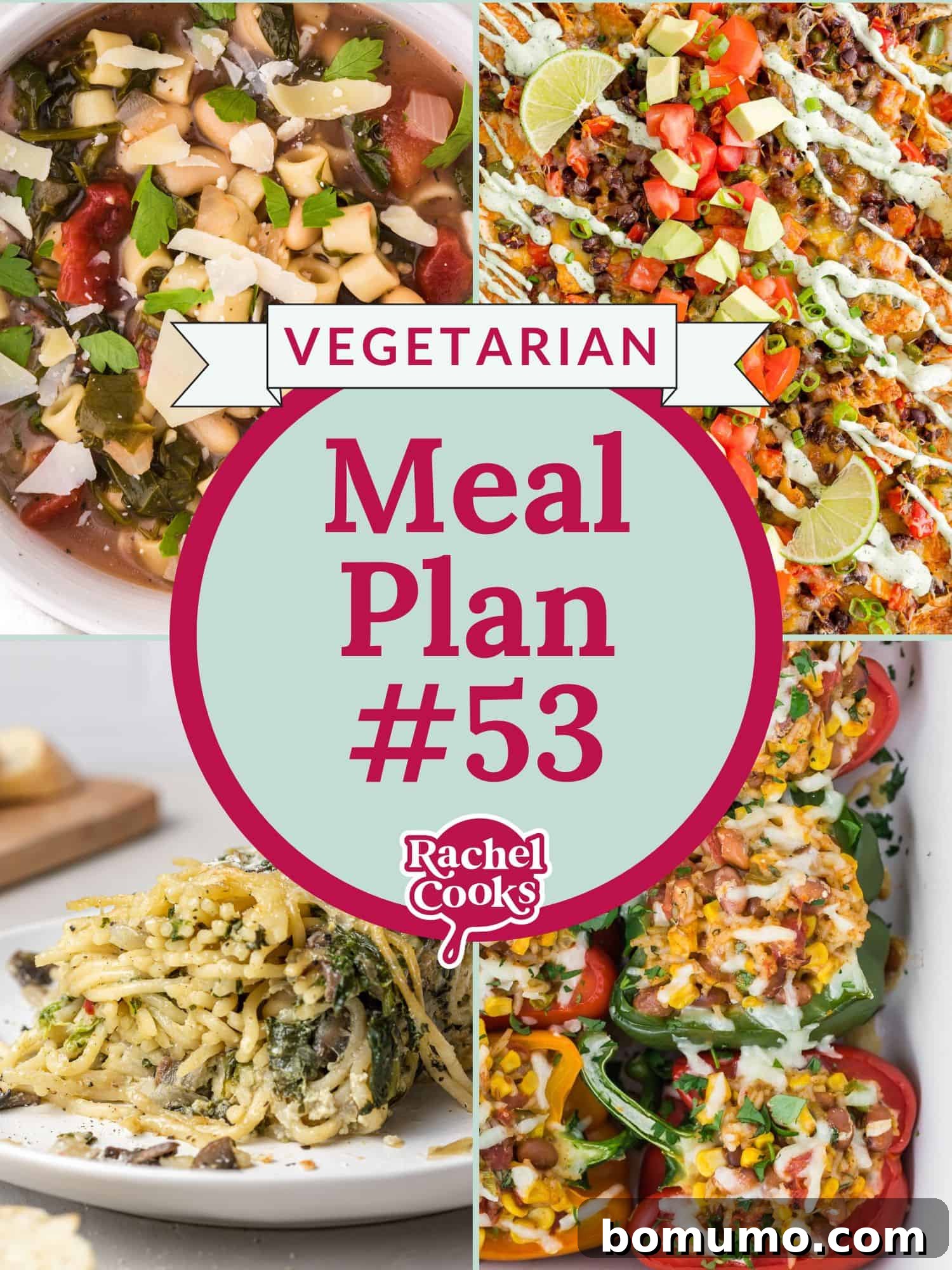 Vegetarian meal plan graphic with text and photos, reading meal plan 53.