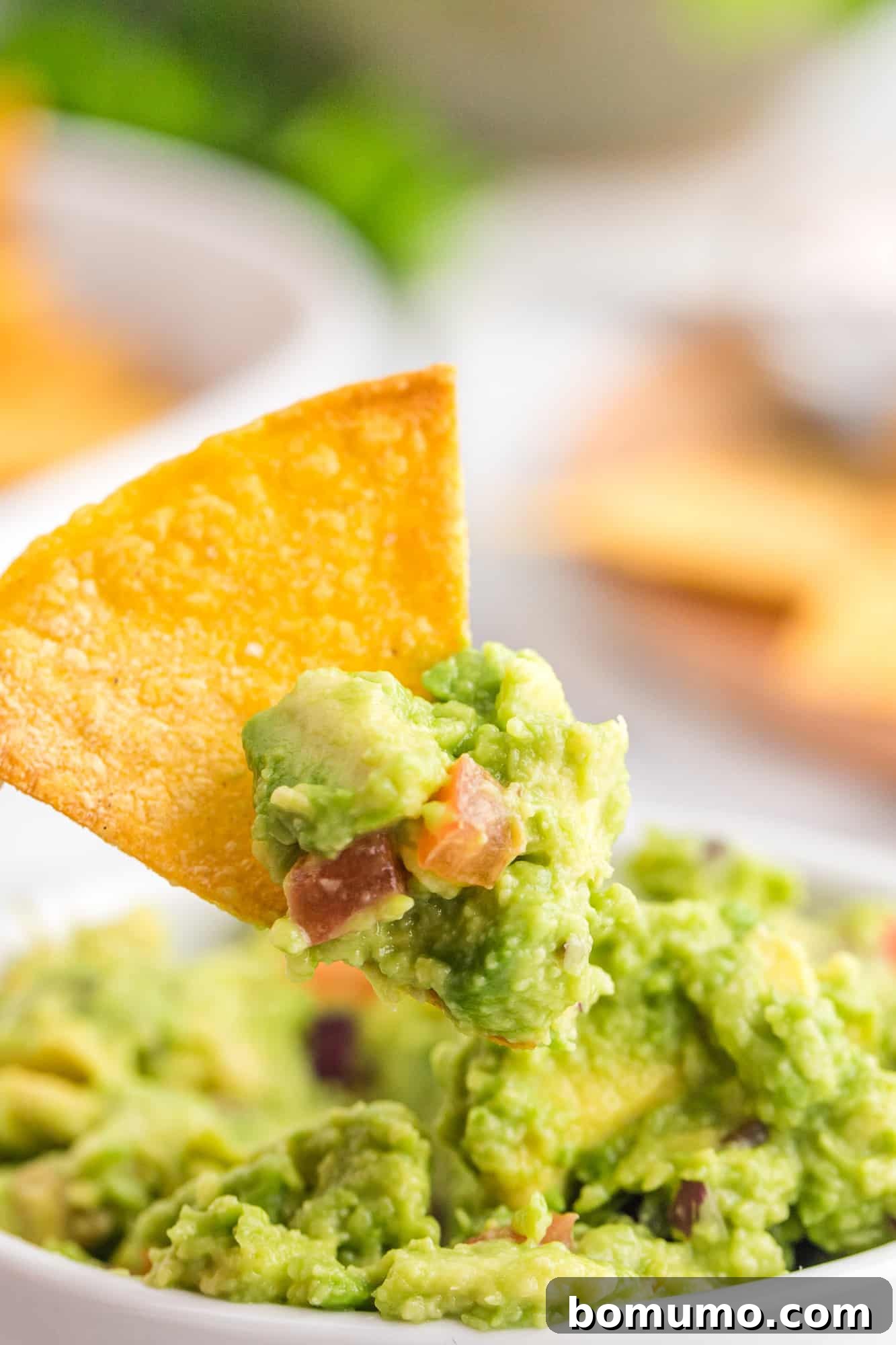 Crispy Oven Tortillas 3 A golden-brown homemade tortilla chip being dipped into a vibrant green bowl of creamy guacamole.
