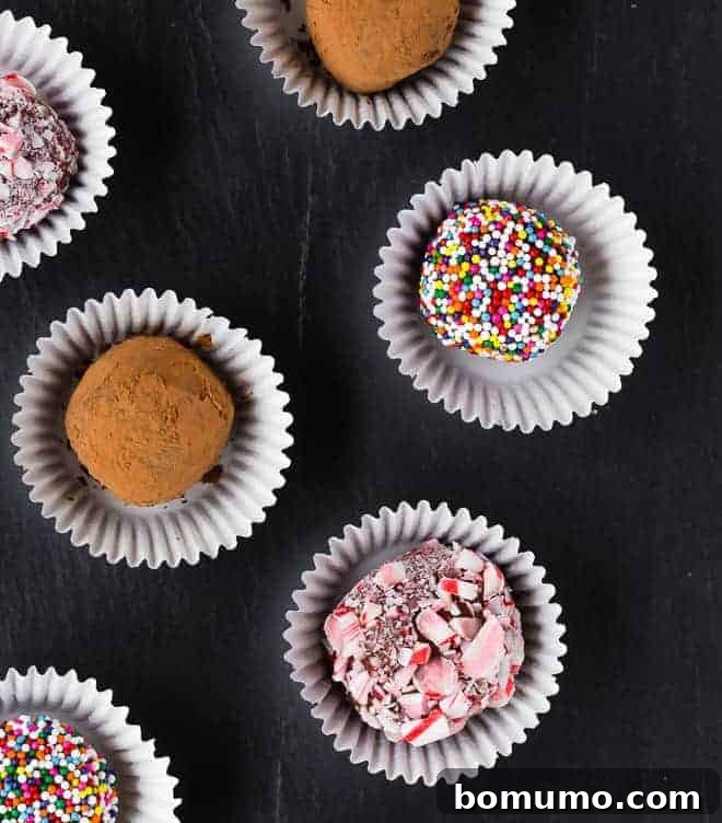 A close-up, overhead view of several brigadeiros, each with a different enticing coating, arranged meticulously.