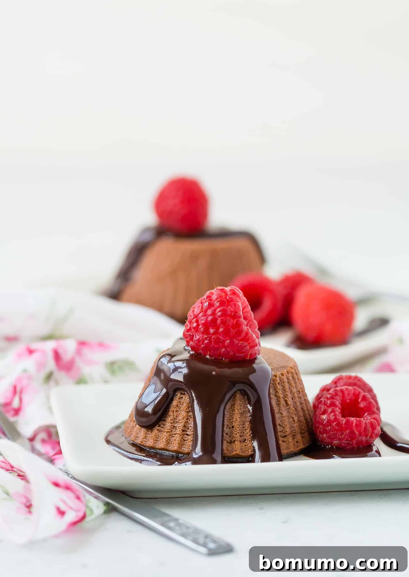 Healthy mini chocolate cheesecakes with chocolate sauce and raspberries.