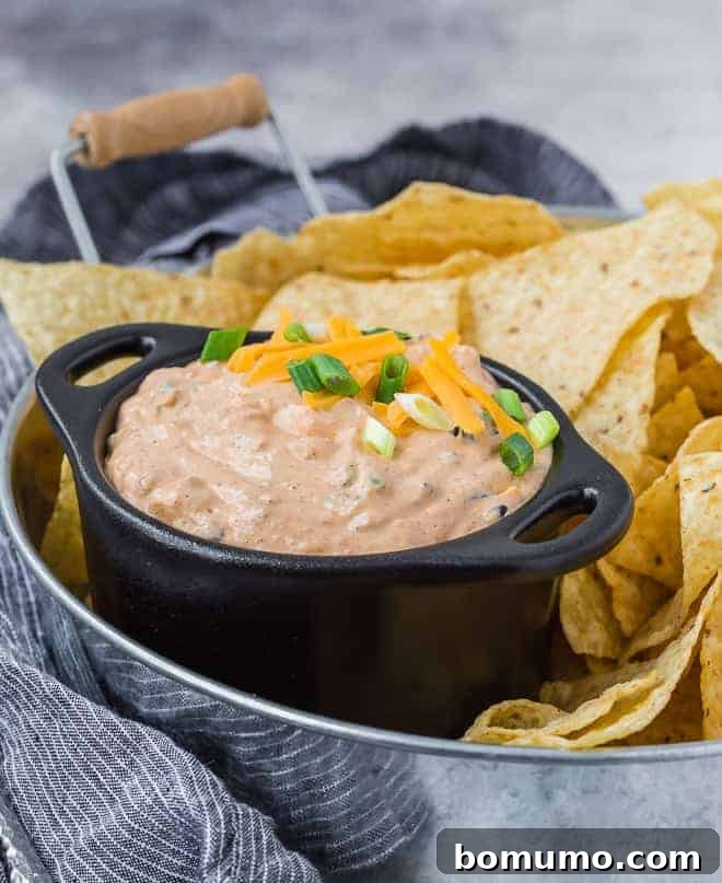 Mexicali Dip So Addictive 2 An irresistible close-up of creamy Southwestern dip, showcasing its rich texture and colorful mix of green onions, jalapeños, olives, and cheddar cheese. Served beautifully on a tray with chips.