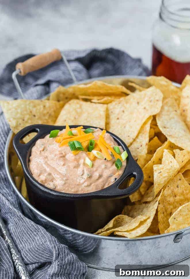 Mexicali Dip So Addictive 3 A vibrant image of the creamy Southwestern dip, featuring cream cheese, sour cream, mayo, green onions, jalapeños, olives, and cheddar cheese. It's presented on a serving tray with crunchy chips, ready to be devoured.