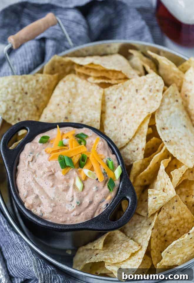 Mexicali Dip So Addictive 4 A beautifully presented Mexican-style creamy dip, generously served on a tray with a selection of crispy tortilla chips, ready for dipping and enjoying.