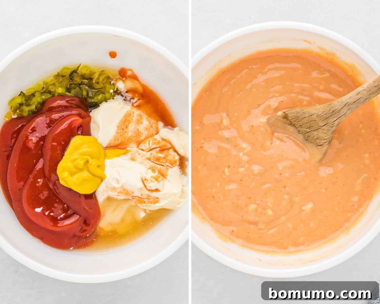 Two images side-by-side showing the ingredients for fry sauce unmixed on the left, and fully combined into a creamy sauce on the right.