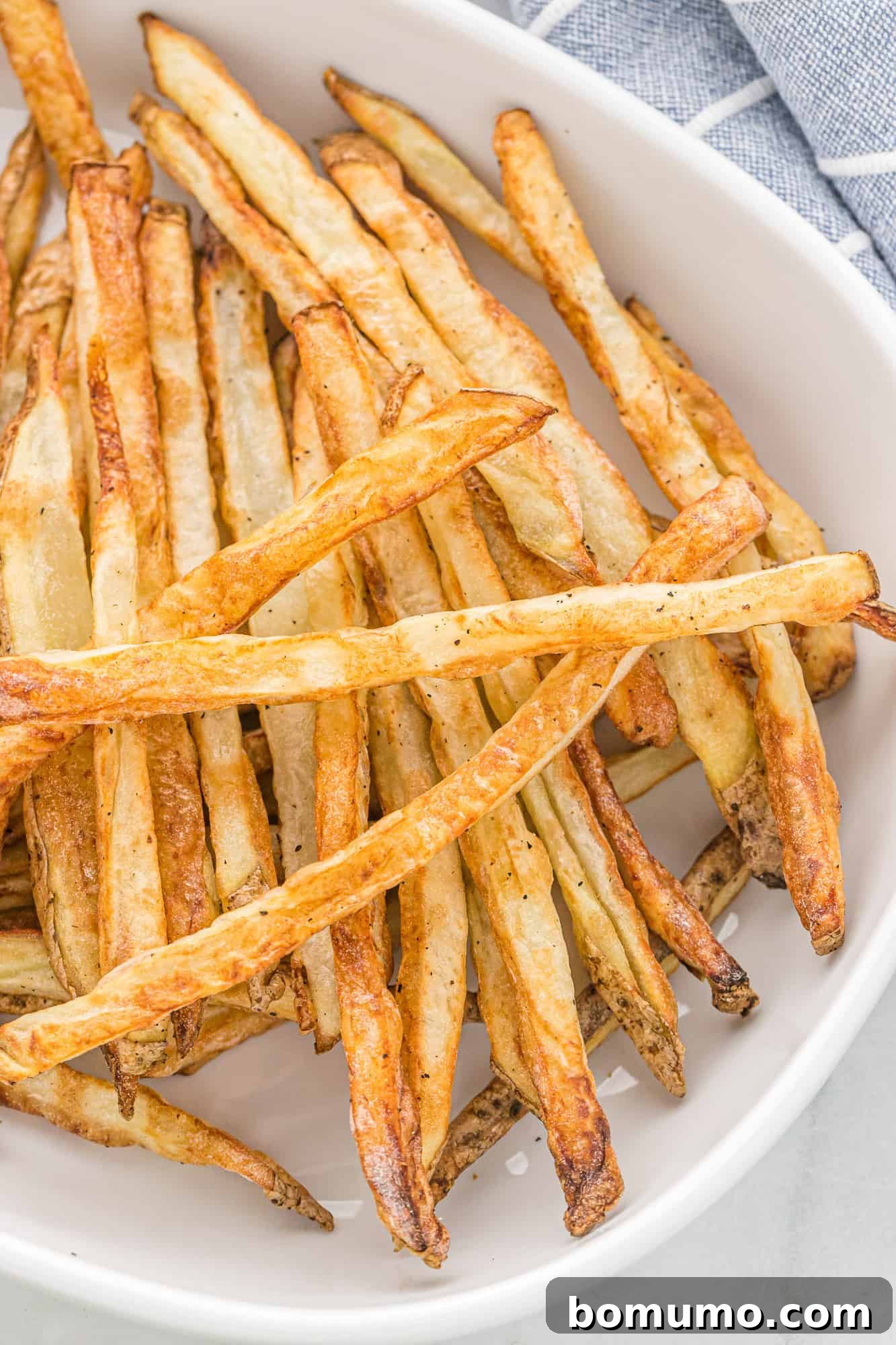 Close up view of golden brown, perfectly crispy air fryer fries in a white ceramic dish, ready to be enjoyed.