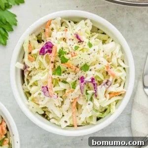 Healthy coleslaw in a small white bowl.