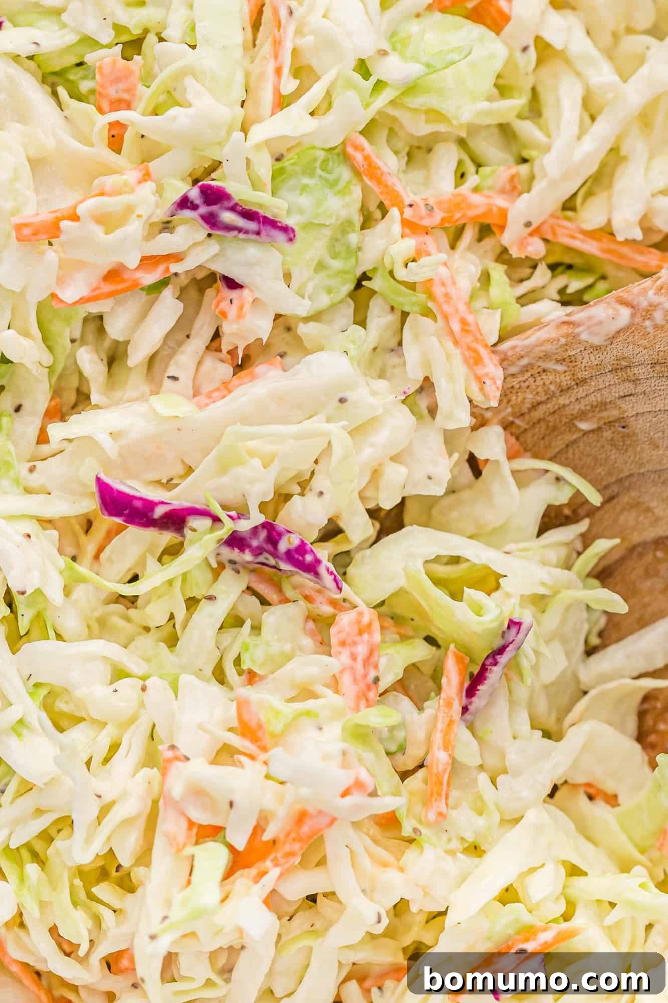 Close up of creamy coleslaw in a white bowl with a wooden spoon, showcasing the texture.