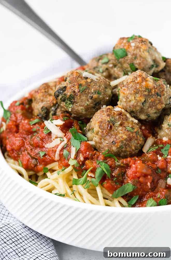 Image of a giant bowl of spaghetti with turkey meatballs.