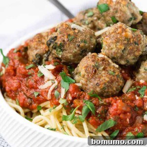 Image of a giant bowl of spaghetti with turkey meatballs.