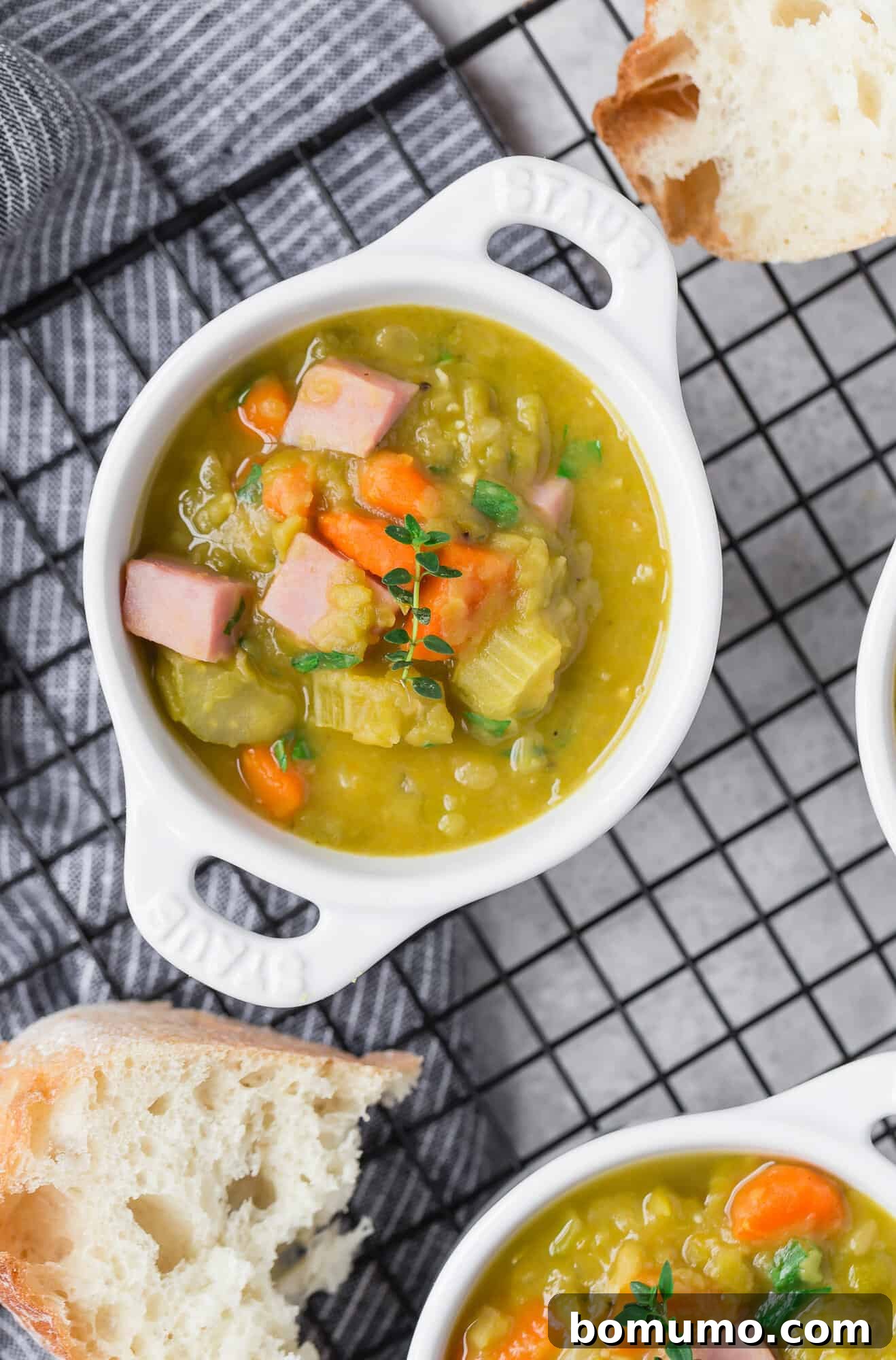 Split pea soup recipe with ham, carrots, and thyme.