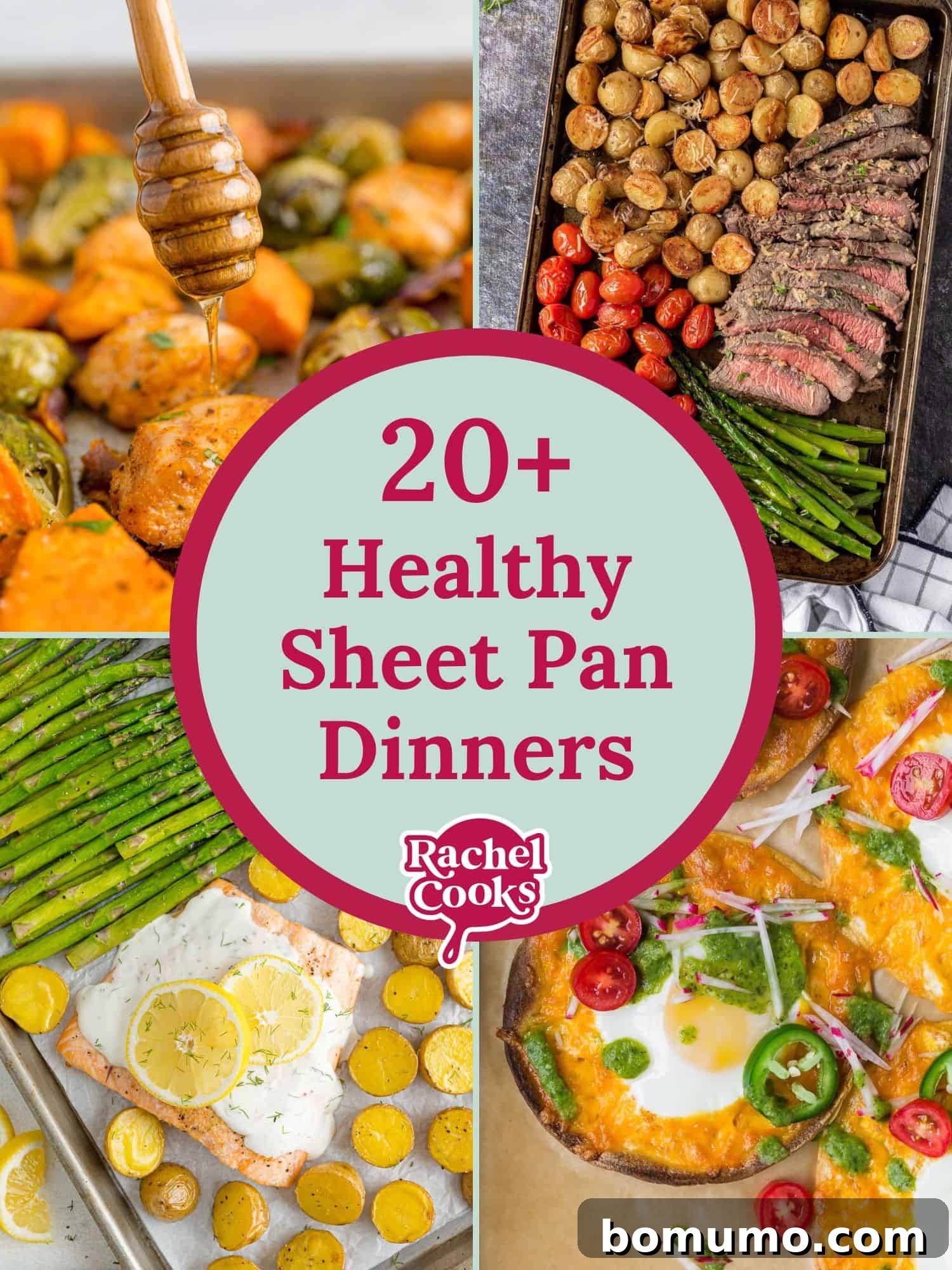 Collection of colorful sheet pan dinners with various proteins and vegetables, enticing and healthy.