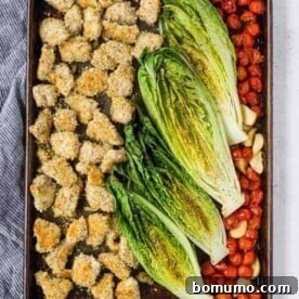 Image of a sheet pan dinner with crispy chicken, roasted romaine lettuce, and roasted tomatoes and garlic, creating a warm salad.