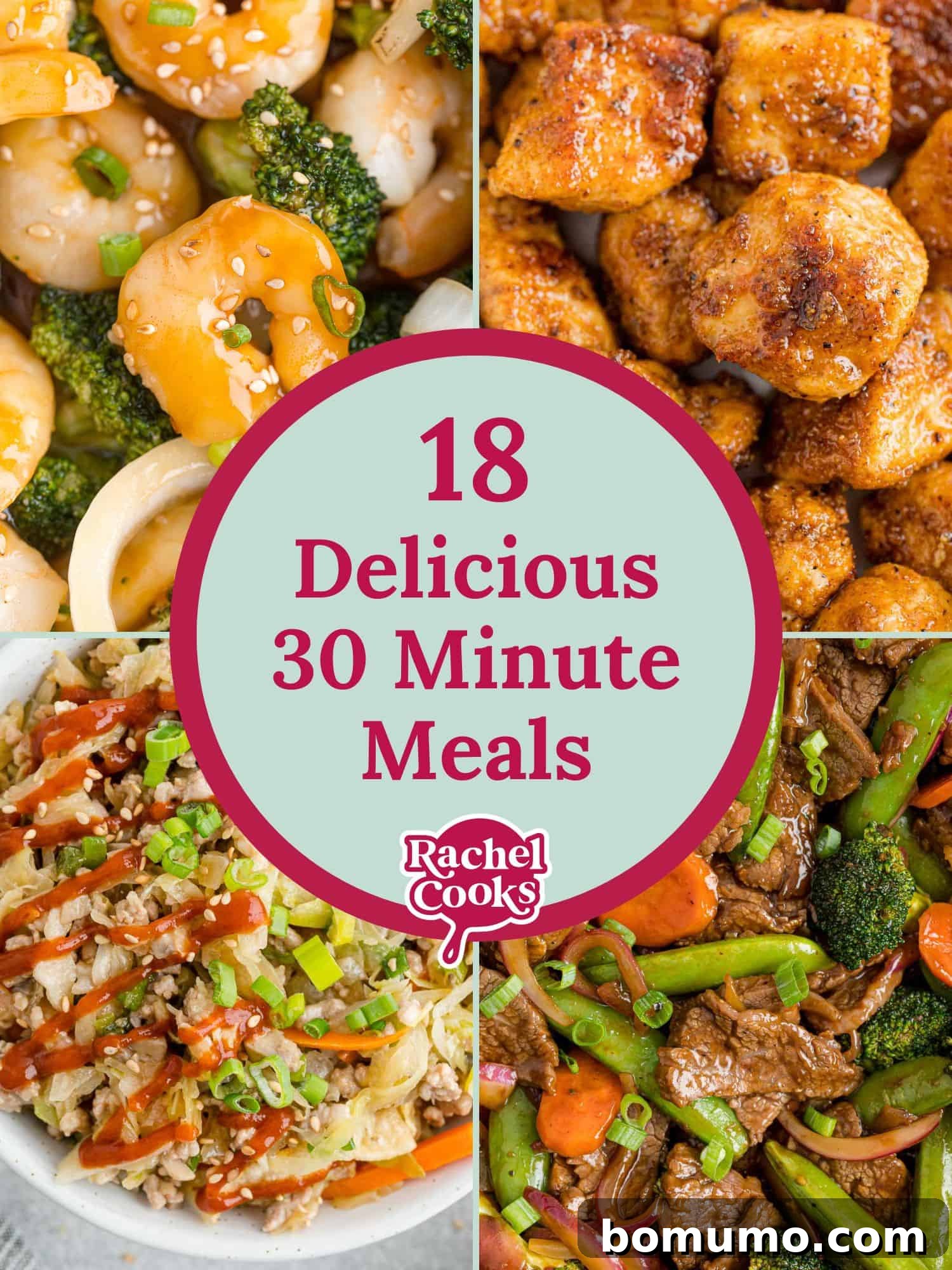 Graphic with text that reads "18 delicious 30 minute meals for busy weeknights."