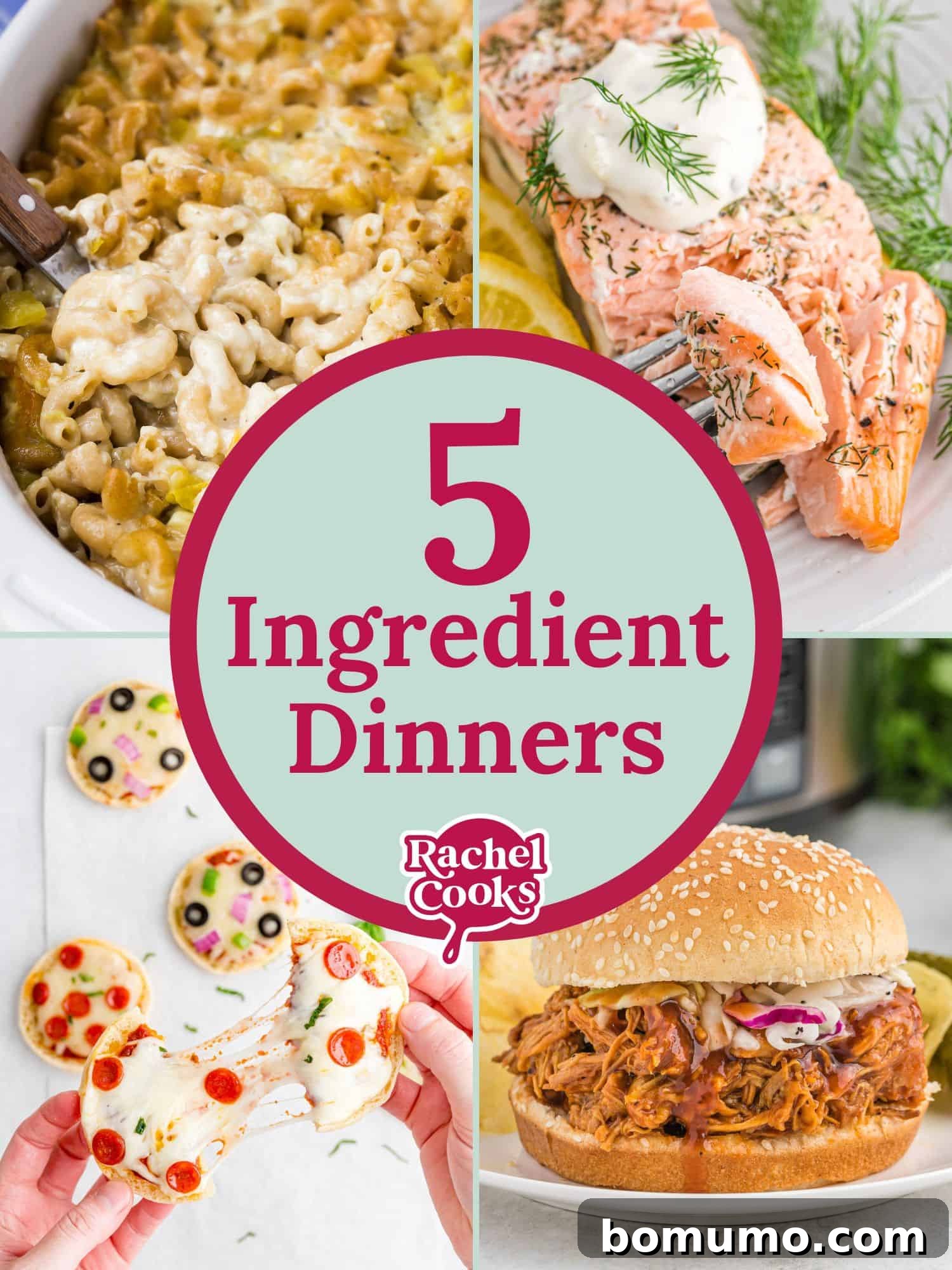 A collage labeled 5 Ingredient Dinners shows macaroni and cheese, baked salmon, mini pizzas, and a pulled pork sandwich, representing quick and easy meal solutions.
