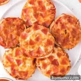 Air fryer bagel bites topped with pepperoni and cheese, on a white plate, a fun and easy snack or meal.