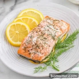 Salmon on a white plate with lemon slices and fresh dill, a healthy and quick seafood dinner.