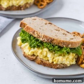 Egg salad sandwich with lettuce on whole grain bread, served on a plate with pretzels.