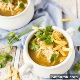 Overhead of white soup bowls containing chicken enchilada soup with garnishes, a flavorful slow cooker meal.