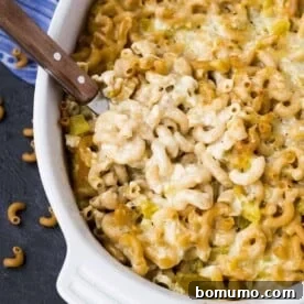 Creamy and flavorful green chile macaroni and cheese, an easy vegetarian meal.