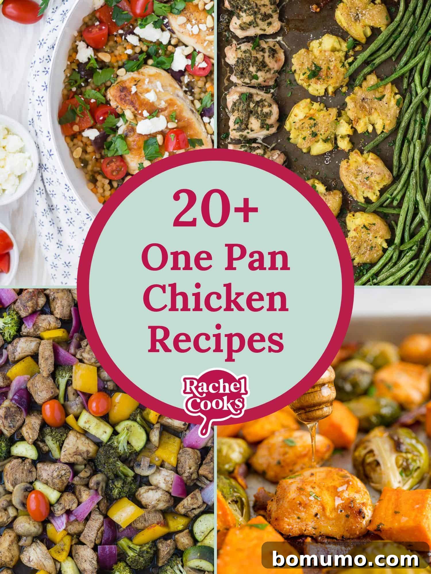 Four images showcasing various one-pan chicken recipes, with text overlay reading "20+ one-pan chicken recipes." This visual highlights the diverse and appetizing range of quick, easy, and satisfying meals to come.