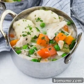 A metal bowl filled with chicken and dumplings, featuring carrots, peas, and parsley garnish on a gray tablecloth.