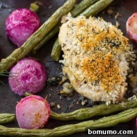 Overhead of roasted chicken and vegetables on sheet pan.
