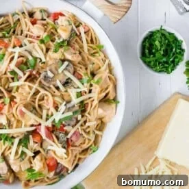 This creamy chicken spaghetti is made in one pan and is endlessly versatile. It's a great clean-out-the-fridge meal! 