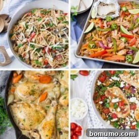 Four images of one pan chicken dinner recipes.