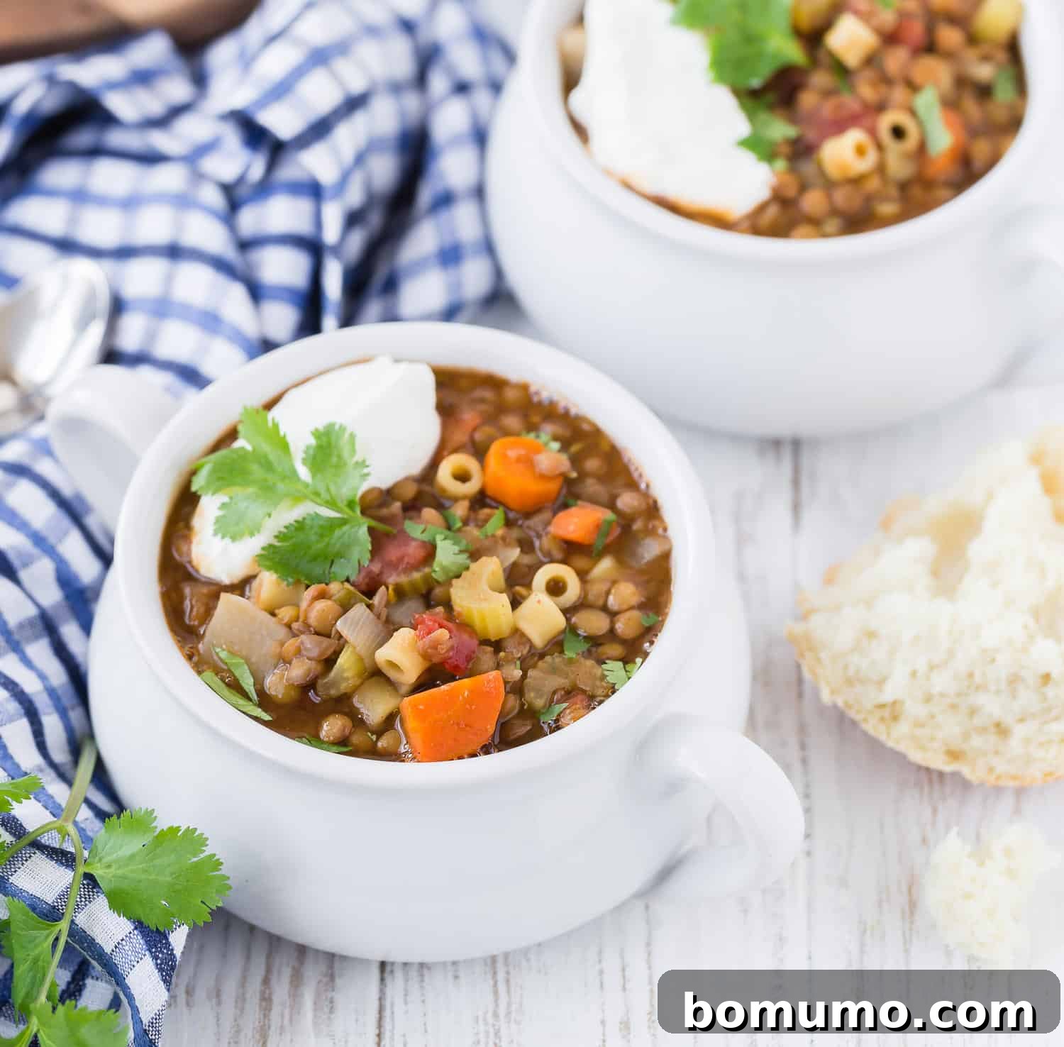 Image of two white bowls with handles, full of hearty lentil soup. Each bowl is topped with a dollop of greek yogurt and fresh cilantro leaves, adding a fresh, creamy touch.