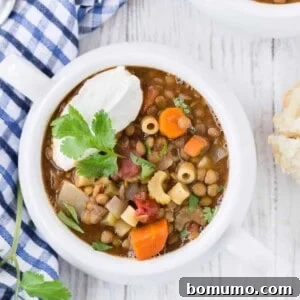 Lentil soup with pasta, topped with yogurt and cilantro, a vibrant and wholesome dish.